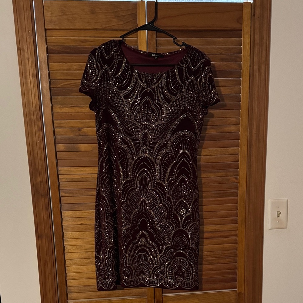 David's Bridal Burgundy Mini Dress with Intricate Design